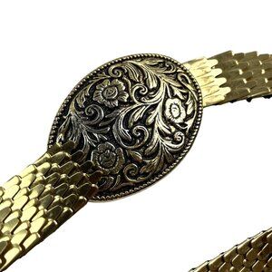 Vintage Gold-Tone Elastic Belt With Ornate Floral Buckle Brass Cowgirl Belt
